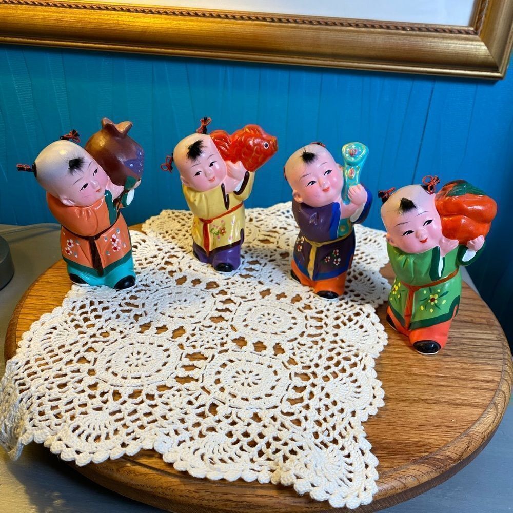 Chinese clay Art New Year set of 4 figurines good luck with vegetables collected